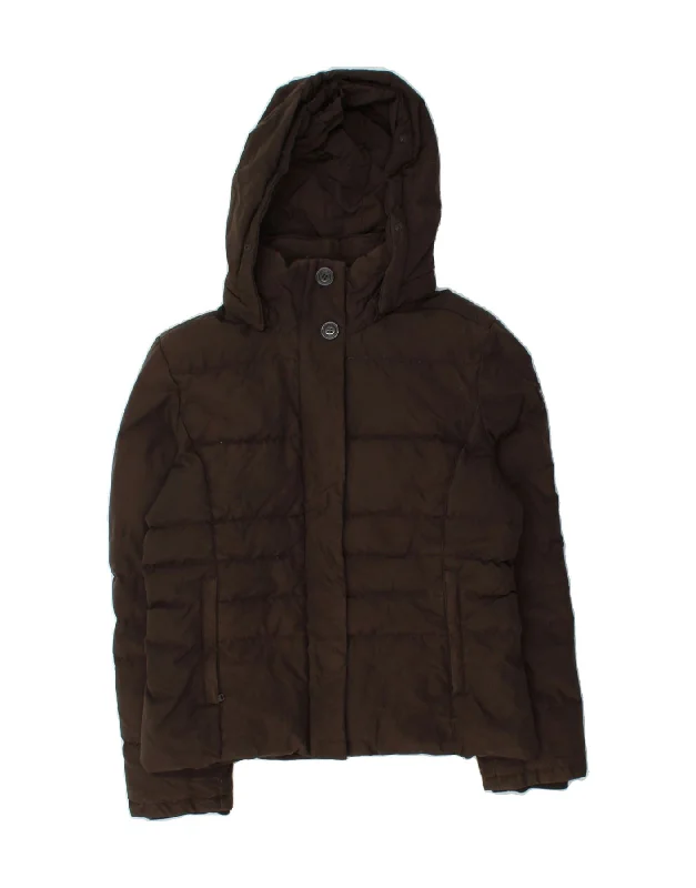 WOOLRICH Womens Hooded Padded Jacket UK 14 Medium Brown Nylon Trench Coat Raincoat Waterproof Jacket