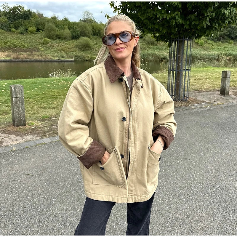 TAVIMART  -  Casual Panelled Pockets Jackets Women Casual Patchwork Lapel Long Sleeves Single Breasted Coat Autumn Lady Loose Outfits Trench Coat Raincoat Waterproof Jacket
