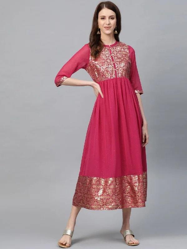 AURELIA Women Pink & Golden Printed A-Line Dress
