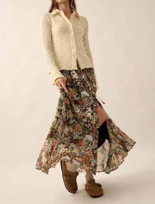 Floral Front Slit Woven Maxi Skirt In Black breathable skirt fabric