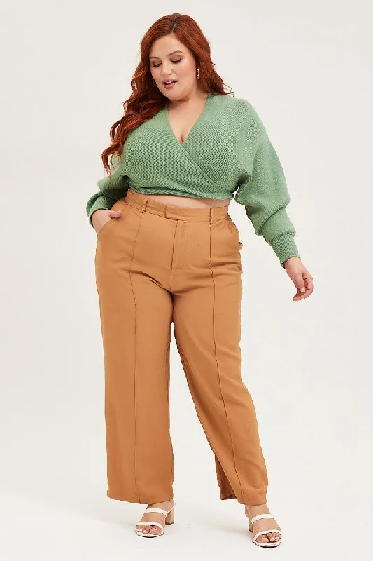 Brown Wide Leg Pants High Rise Seam Front Trendy Work Pants