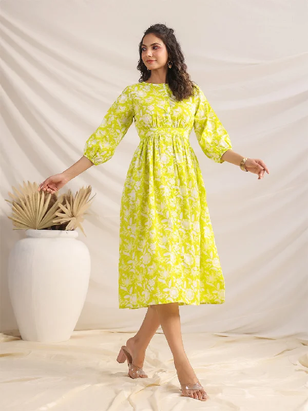 Janasya Lime Cambric Floral Dress