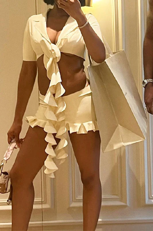 storexq Solid Color Hot Ruffle Ribbons Skirt Suit belted skirt waist