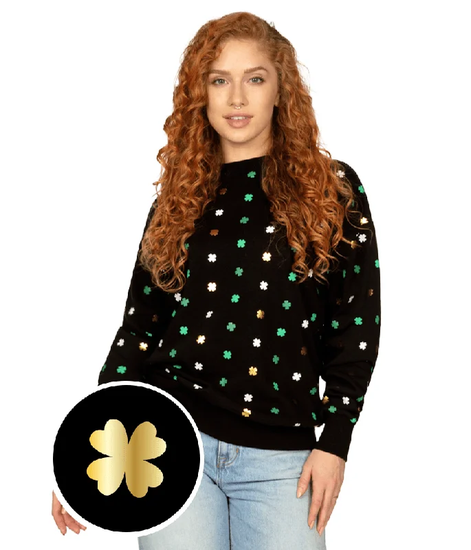 Women's Metallic Clover Crewneck Sweatshirt Hoodie with V-Neck Classic Versatile