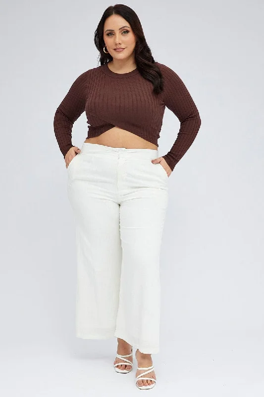White Wide Leg Pants Linen Blend Button Front Classic Pleated Pants