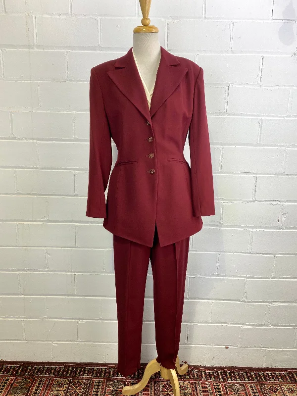 Vintage 1980s Sophie Sitbon Burgundy Wool Pant Suit, Tapered Leg, W29" Soft Stretch Pants