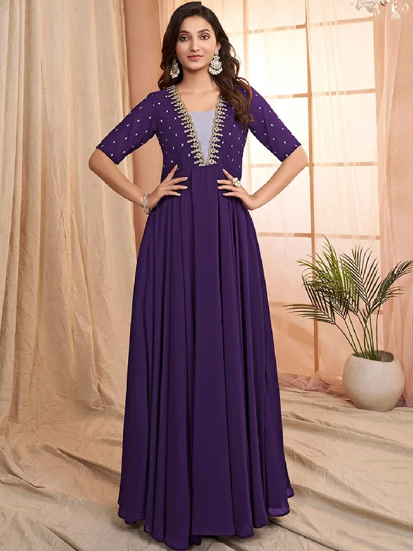 Inddus Floral Embroidered V-Neck Georgette Maxi Ethnic Motifs Dress