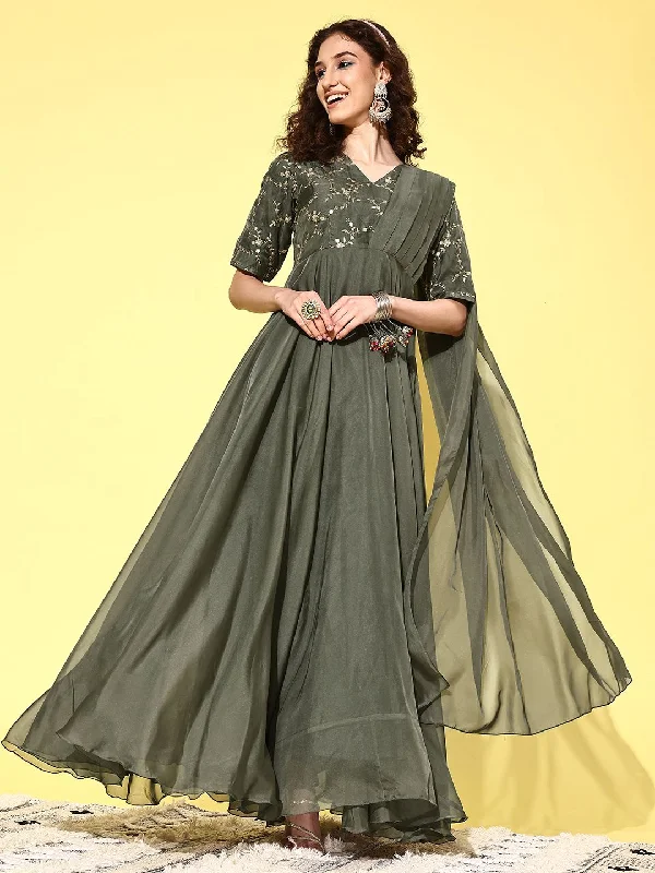 Inddus Women Floral Embroidered Sequined Fit & Flare Ethnic Dress