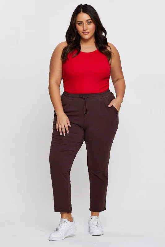 Brown Track Pants Mid Rise Drawstring Cozy Maternity Pants