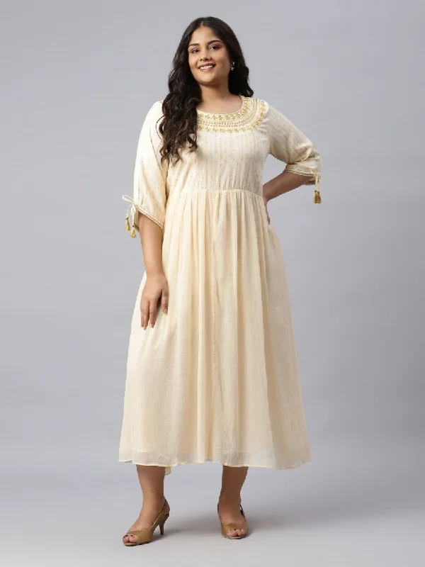 AURELIA Women Off White Ethnic Motifs Embroidered Midi Fit & Flare Dress