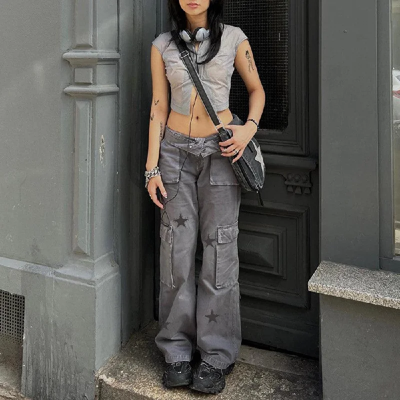 Street Retro Low Rise Denim Cargo Pants Fashionable Track Pants