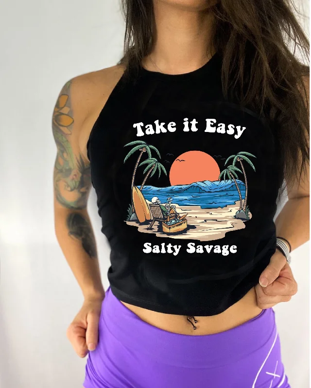 Salty Savage Ladies "TAKE IT EASY" Flowy Crop Tank stretchy tank top
