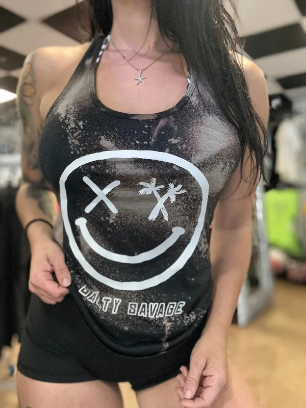 Salty Savage Ladies “Digital Spliced Smile” Bleach Splattered Racerback Tank soft tank top