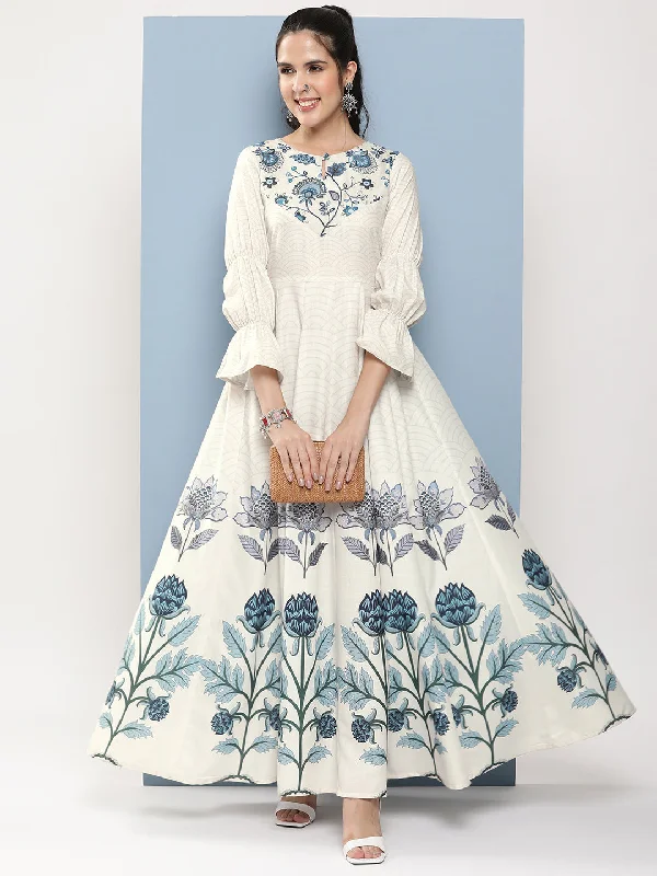 Women's Off-White & Blue Printed Long Dress With Waist Belt - Bhama