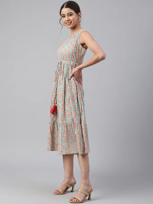 Janasya Women's Mint Green Cotton Floral Printed Tiered Western Dress