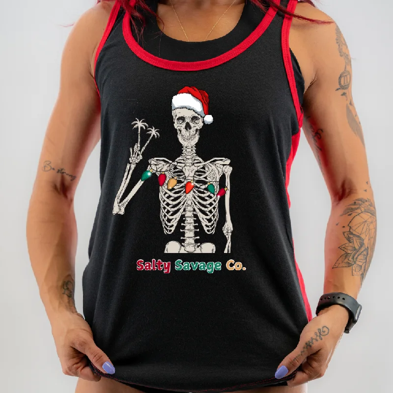 Salty Savage Ladies “Holiday Peace Skeleton” Two Tone Racerback Tank grey tank top