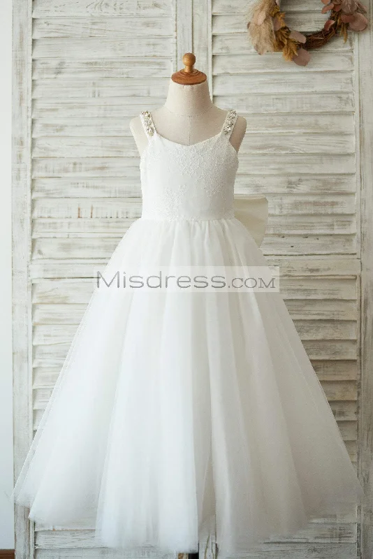 Princess Deep V Back Ivory Lace Tulle Straps Wedding Flower Girl Dress, Bow