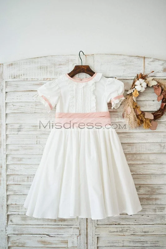 Vintage Ivory Cotton Short Sleeves Wedding Flower Girl Dress, Bow Belt