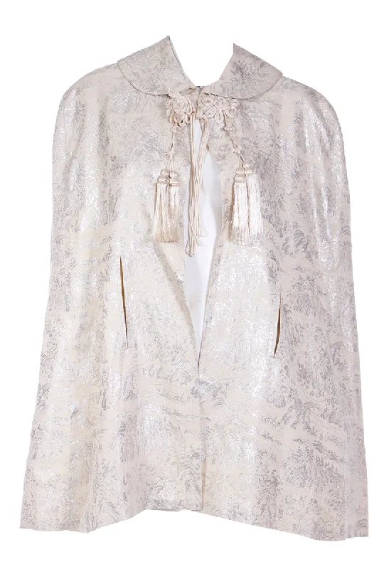 1960s Ivory Jacquard Evening Cape w Silk Tassels