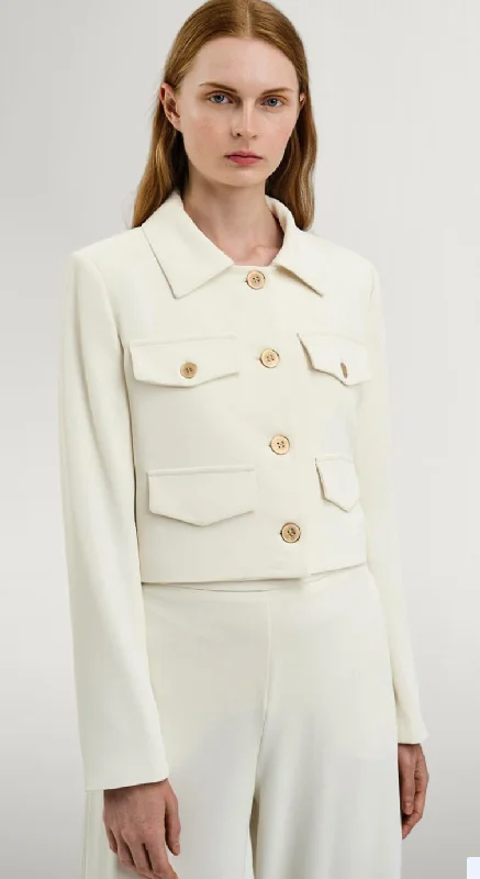 Access Fashion Cream Cropped Blazer With Decorative Pockets