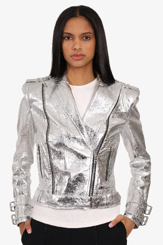 Balmain Silver Metallic Leather Biker Jacket Size 38