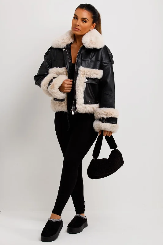 Faux Fur Trim Faux Leather Jacket Black