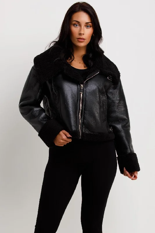 Black Faux Leather Aviator Jacket With Belt