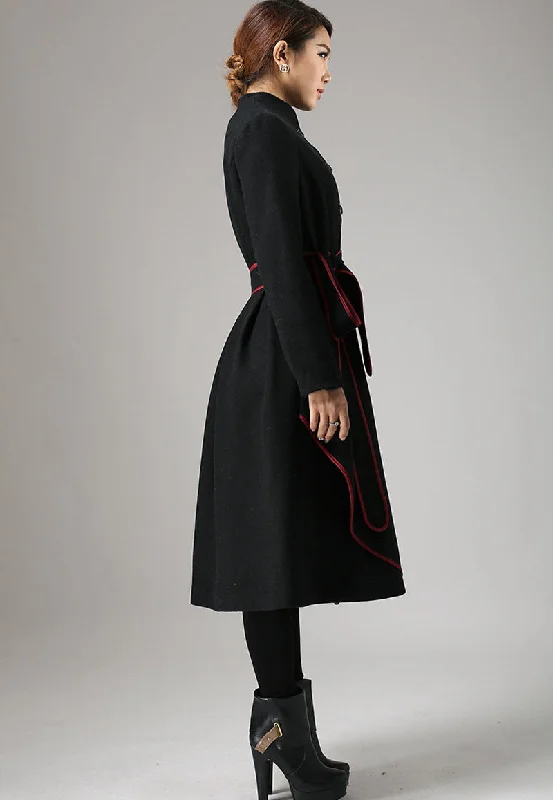 Black Mandarin Collar Coat with Contrasting Piping Detail 0738#