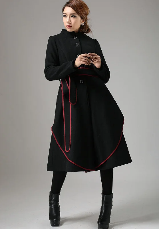 Black Mandarin Collar Coat with Contrasting Piping Detail 0738#