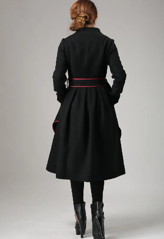 Black Mandarin Collar Coat with Contrasting Piping Detail 0738#