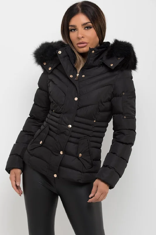 Black Puffer Coat With Fur Hood