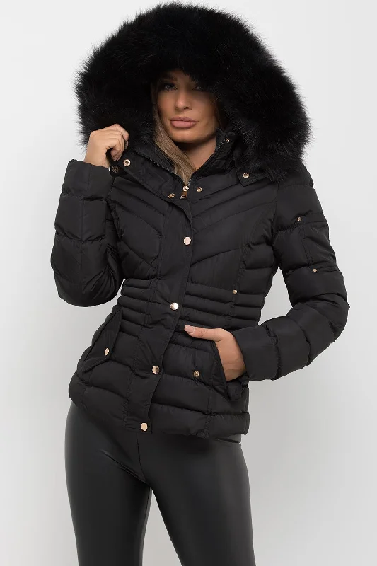 Black Puffer Coat With Fur Hood