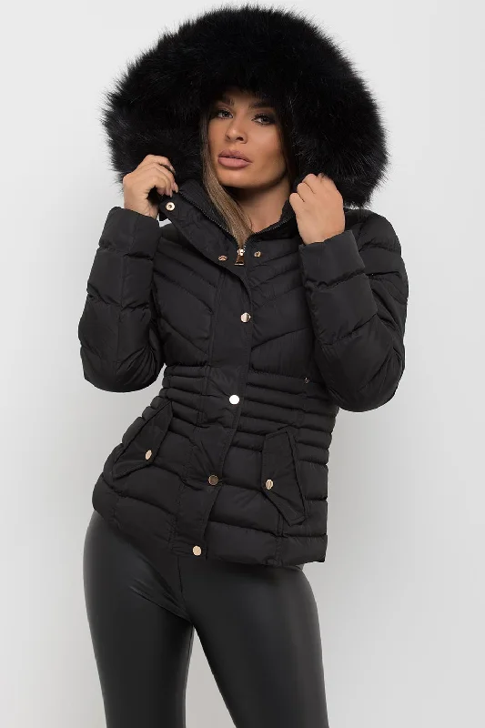 Black Puffer Coat With Fur Hood