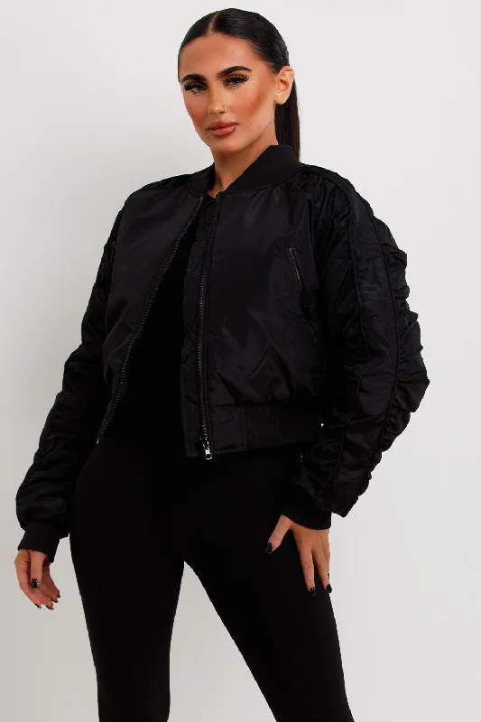 Bomber Jacket With Ruched Sleeves Black