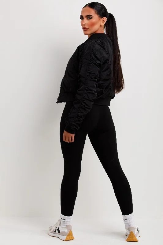 Bomber Jacket With Ruched Sleeves Black