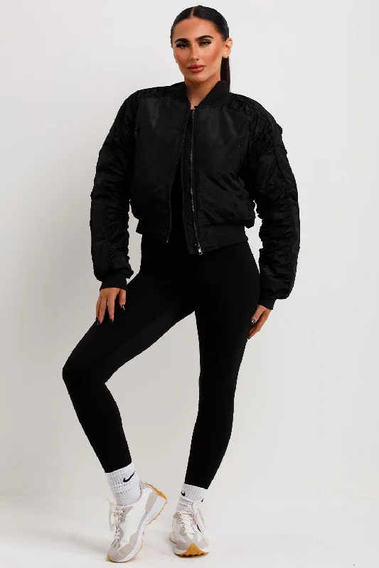 Bomber Jacket With Ruched Sleeves Black