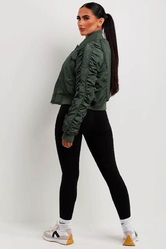 Bomber Jacket With Ruched Sleeves Khaki