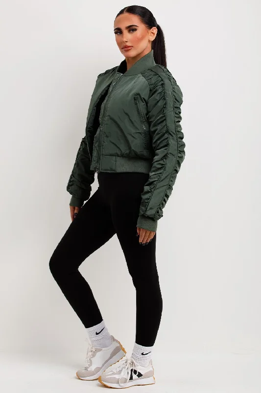 Bomber Jacket With Ruched Sleeves Khaki