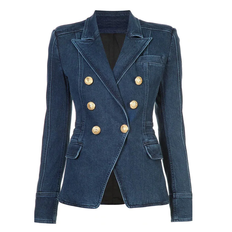 Casual Gold Tone Button Double Breasted Lapel Collar Tailored Denim Blazer - Blue