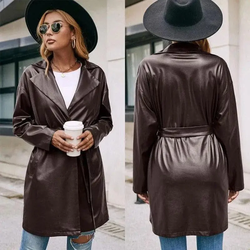 Mid-length Leather Western-lace Slim Long-sleeved Trench