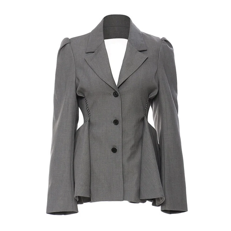 Contrast Stitch Puff Sleeve Open Back Lapel Collar Single Breasted Peplum Blazer