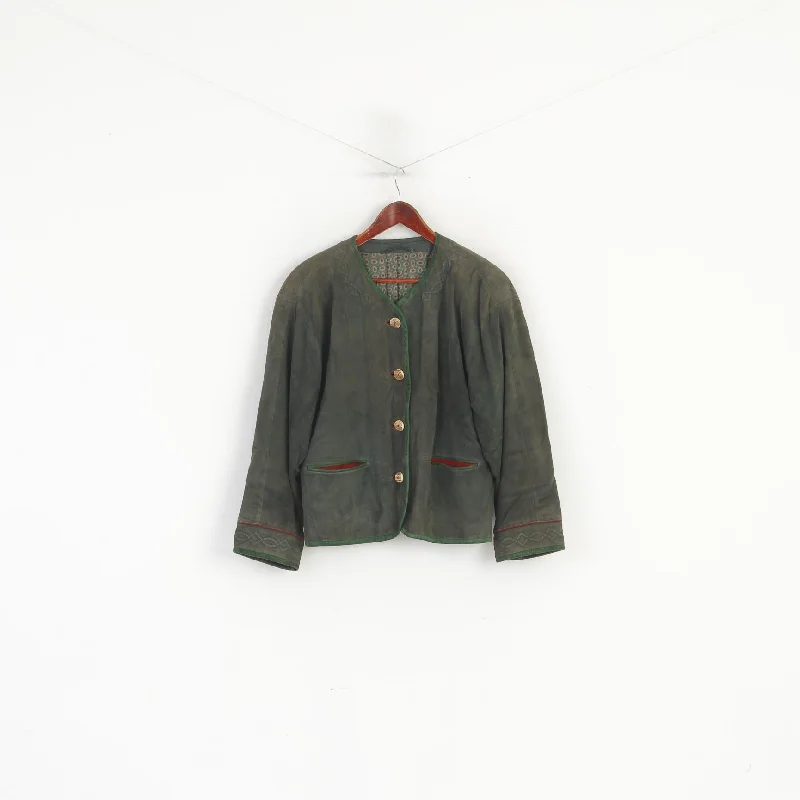 Zeiler Women 38 M Jacket Green Vintage Germany Velour Buttoned Shoulder Pads Top