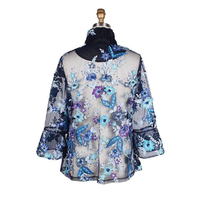 Damee Beaded Floral Mesh Jacket in Blues, Purple & Black - 2380