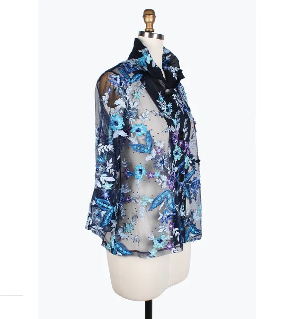 Damee Beaded Floral Mesh Jacket in Blues, Purple & Black - 2380