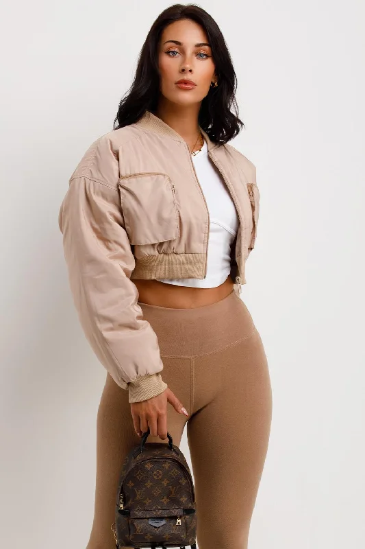 Crop Bomber Jacket With Pockets Beige