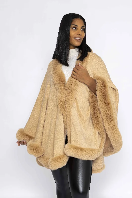 Faux Fur Trim Wrap in Camel