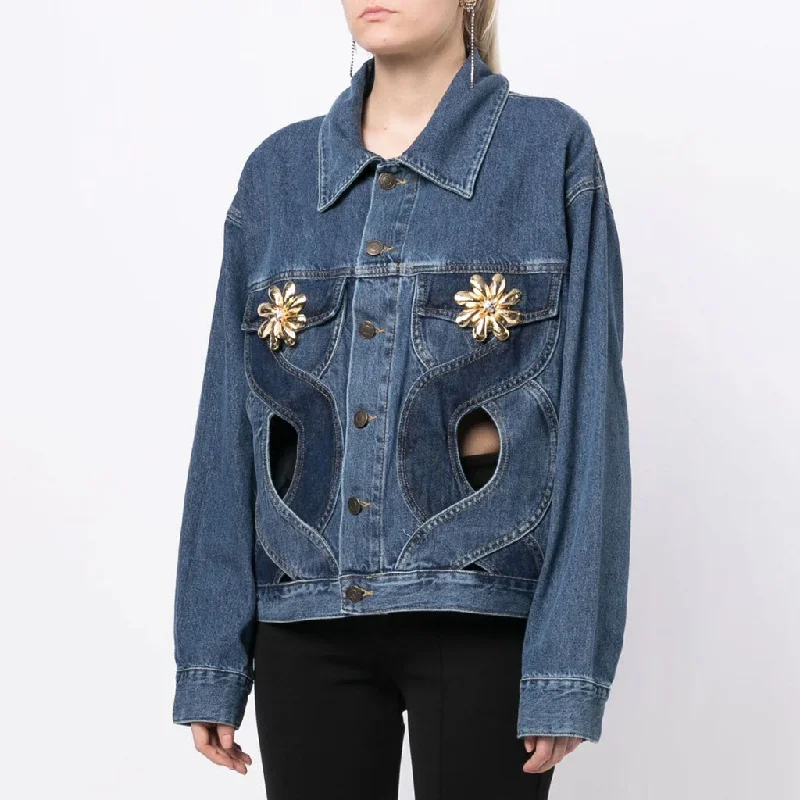 Golden Flower Corsage Contrast Cutout Heart Patchwork Button Up Denim Jacket