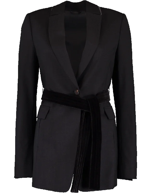 One Button Velvet Belted Blazer