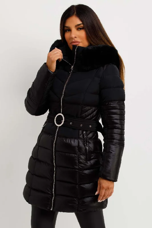 Puffer Coat With Fur Hood And Belt Black