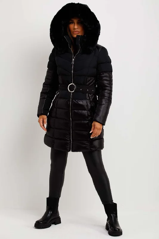 Puffer Coat With Fur Hood And Belt Black